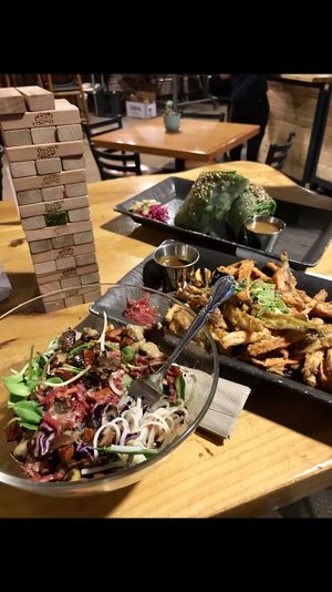 Hand salad in the back, tempura fries, and some yummy noodle bowl thing at DeLuxe in Reno