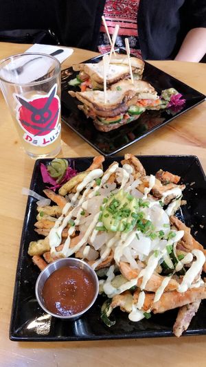 Rhubarb black pepper kombucha, gluten free tofu banh mi, and tempura veggies deluxe style!  at DeLuxe in Reno