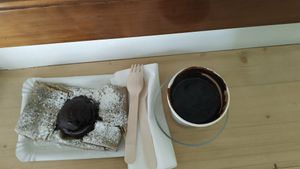 Crepe with chocolate ice-cream a d hot chocolate, all vegan! at Könos in Barcelona