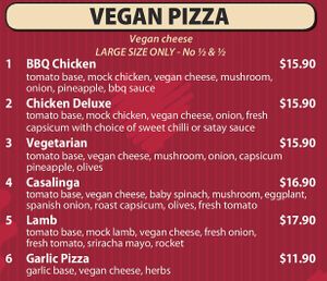 Vegan pizza menu at Pizza Bella  in Mitcham
