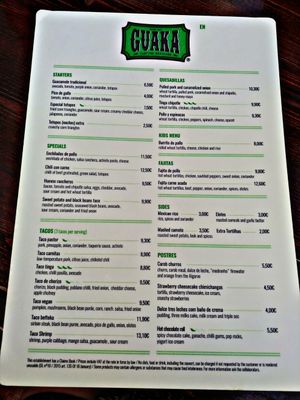 Menu at Guaka in Faro