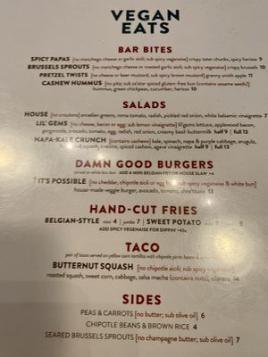 Dedicated vegan menu (upon request)  at Beer Kitchen in Kansas City