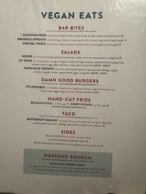 Vegan menu  at Beer Kitchen in Kansas City