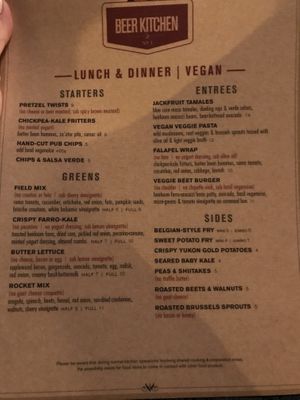 Vegan menu at Beer Kitchen in Kansas City
