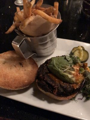 Veggie beet burger with Belgian fries  at Beer Kitchen in Kansas City