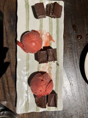 Chocolate torte w/raspberry sorbet   at Blue Sushi Sake Grill in Westwood