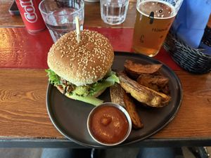 vegan burger with potato wedges  at Akureyri Backpackers in Akureyri