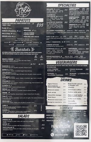 English menu as of June 2022  at Papa Tots in Puerto Escondido