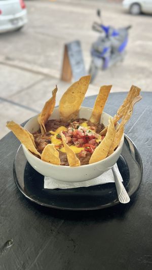 Vegan chili with vegan cheese  at Papa Tots in Puerto Escondido