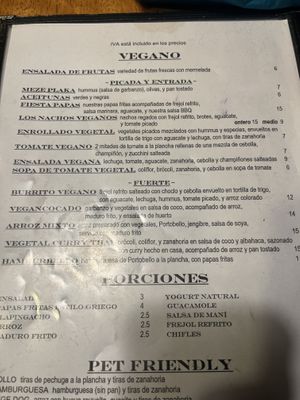 Separate vegan menu  at Cafe Mosaico in Quito