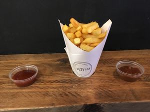 Medium fries with curry ketchup and sate sauce  at BeFries in Brighton