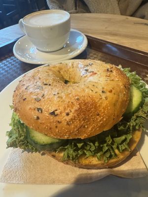Avocado bagel and oat milk cappuccino   at Coffee Fellows in Dusseldorf