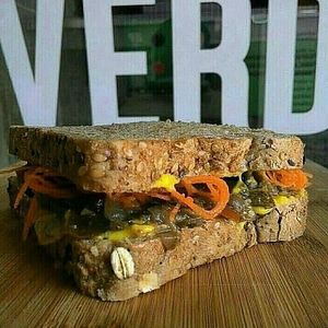 Caponata sandwich with dried tomato at Bigode Verde in Recife