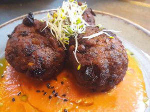Aubergine & Mint balls with tomato sauce at Elnecot in Manchester