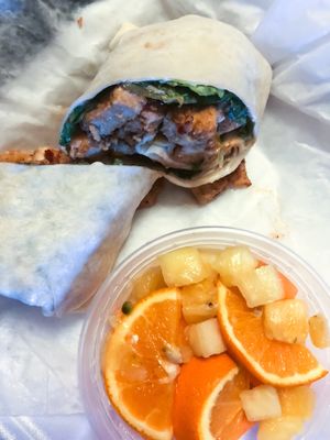 BBQ “Chicken” Wrap w/Fruit Bowl  at Fresh Vibes Juice Bar in Rock Hill