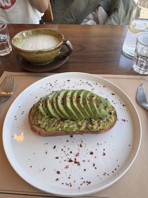 Avocado open face sandwich with matcha lattee  at Soiroum in Seoul