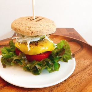 Grain patty burger with brown rice bread at Soiroum in Seoul
