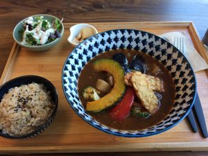 Veggie soup w tempeh and faux beef at Soiroum in Seoul