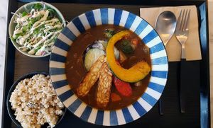 Vegetable curry served with brown rice and a salad at Soiroum in Seoul
