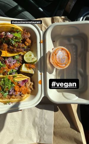 Asada, al pastor, and chik’n tacos! With some mango habanero salsa and green salsa. at El Cocinero Restaurant in Van Nuys