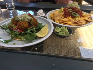 Nachos with vegan cheese and sour cream, sweet potato felafels  at Hunter in Rye