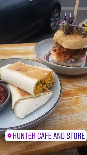 Breakfast burrito and pulled 'pork' burger at Hunter in Rye
