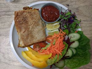 Veggie pastie with side salad at Hunter in Rye