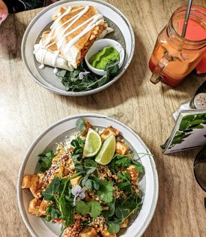 Mexican burrito and GF tofu satay. at Hunter in Rye