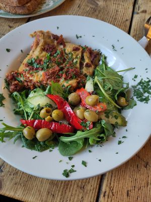 Vegan lasagne and salad at Crocus Cafe in Nottingham