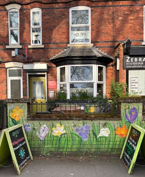 Colourful frontage to the cafe at Crocus Cafe in Nottingham