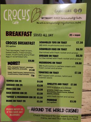 Menu at Crocus Cafe in Nottingham