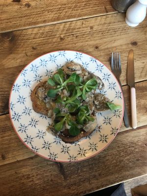 Mushrooms in cashew cream on chunky toast (vegan) at Crocus Cafe in Nottingham