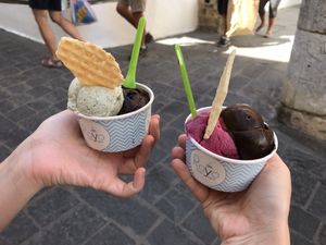Vegan ice cream (dark chocolate, fruits and Cannabis ) at Royo in Rhodes