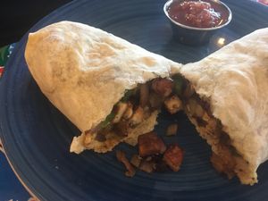 Breakfast burrito with tofu, potatoes, green peppers at Bentley's House of Coffee & Tea in Tucson
