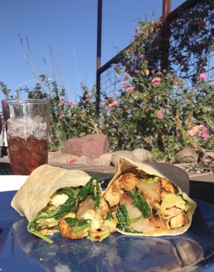 Vegan breakfast burrito.. (Tofu, potatoes, spinach and avocado.) at Bentley's House of Coffee & Tea in Tucson