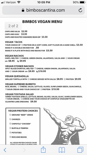 Vegan menu  at Bimbos Cantina in Seattle