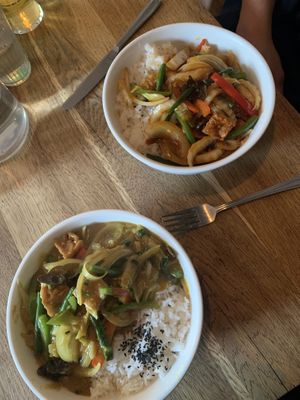 Bottom - Wee buddha curry with veg (with bean curd) & steamed jasmine rice   Top - Stir fried veg with bean curd & steamed jasmine rice in chilli bean sauce   at Wee Buddha in Edinburgh