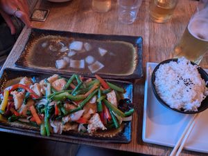 Mock Chicken Ka Pow and steamed jasmine rice at Wee Buddha in Edinburgh