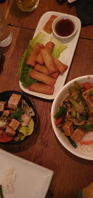 Crispy tofu, spring rolls, fried veg/tofu with rice at Wee Buddha in Edinburgh