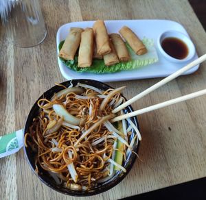 Courgette stir fry and spring rolls at Wee Buddha in Edinburgh