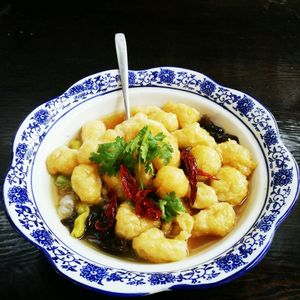 Tofu pufs in hot and sour sauce.  at Su Shi Restaurant in Xiamen