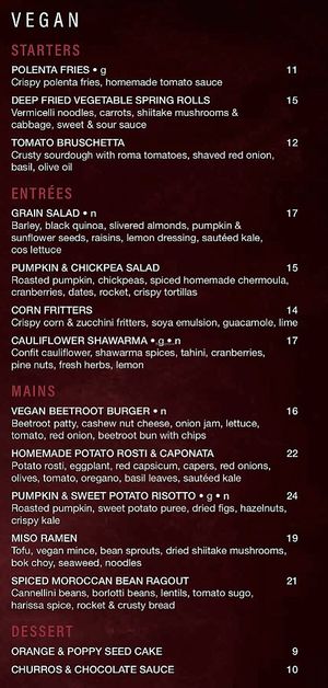 Vegan Menu at Zagame's in Berwick