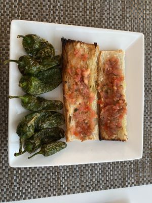 Padron peppers and tomato bread  at Mirablau Beach Bar & Restaurant in Mallorca