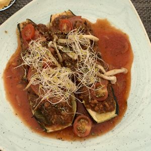Stuffed courgette with veg bolognese at Mirablau Beach Bar & Restaurant in Mallorca
