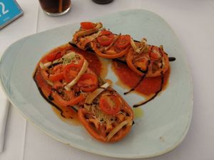 Zucchini mit Tomaten und veganen Hack? at Mirablau Beach Bar & Restaurant in Mallorca