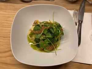 4th course: potatoes with a vegetable dressing, pursley and caramelised onions  at Oscar Kocht in Innsbruck