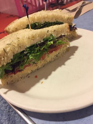 RRP (Roasted Red Pepper) & Cashew Cheeze Sandwich on herbed potato bread at The Planet Bakery and Cafe in Peterborough