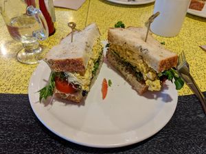 The vegan eggy sandwich on their delicious potato bread. at The Planet Bakery and Cafe in Peterborough