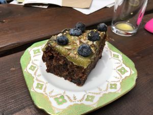 Cake with avocado creme and blueberrys at Java in Swanage