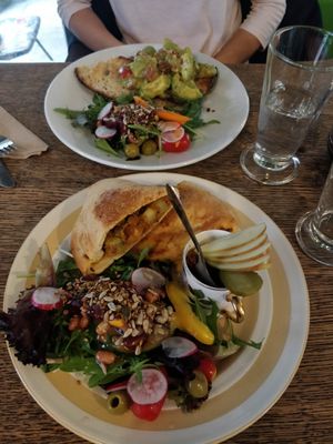 Curried vegetables pasti with salad + avocado toast/salad at Java in Swanage